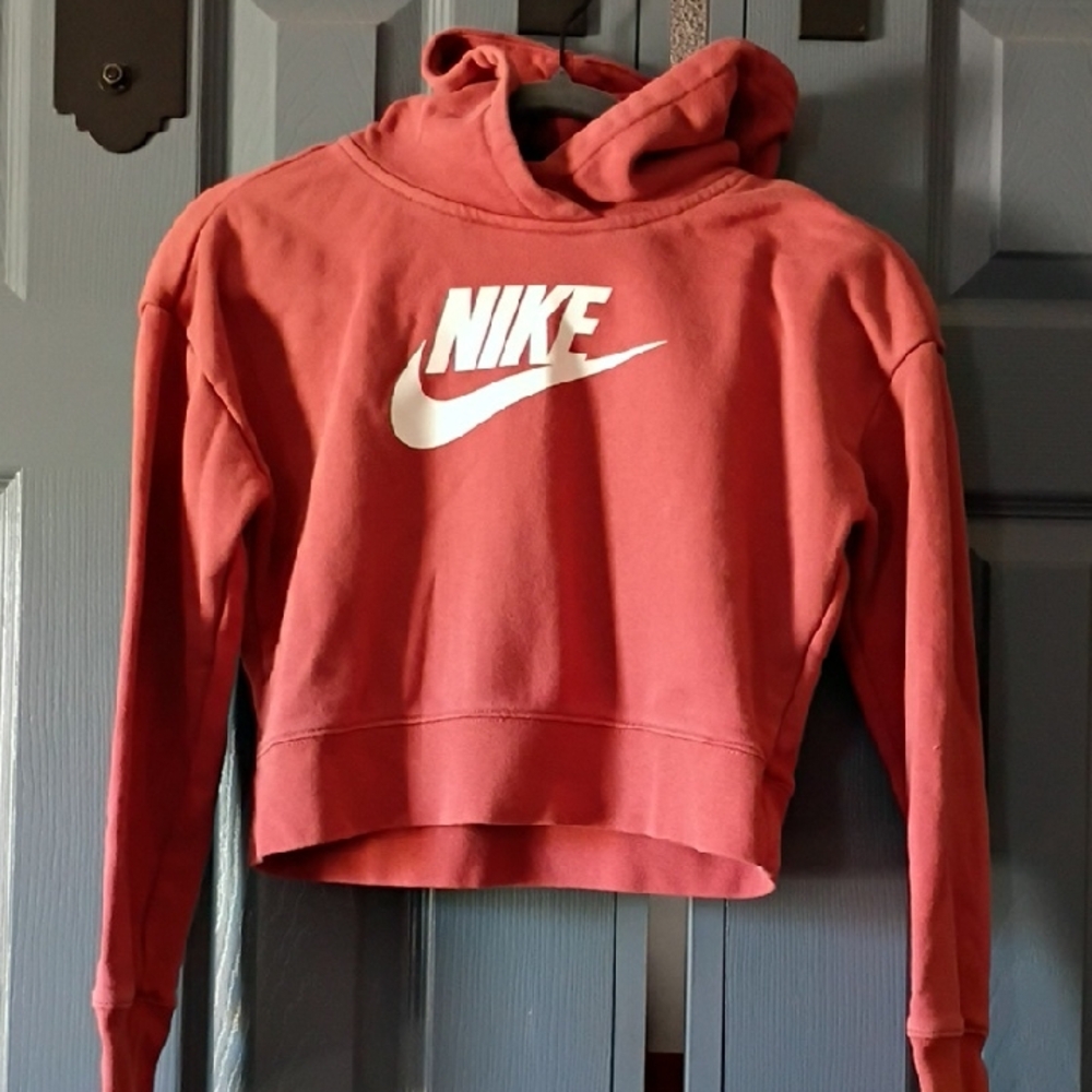 Nike Kids Coral Red Cropped Hoodie with White Swoosh